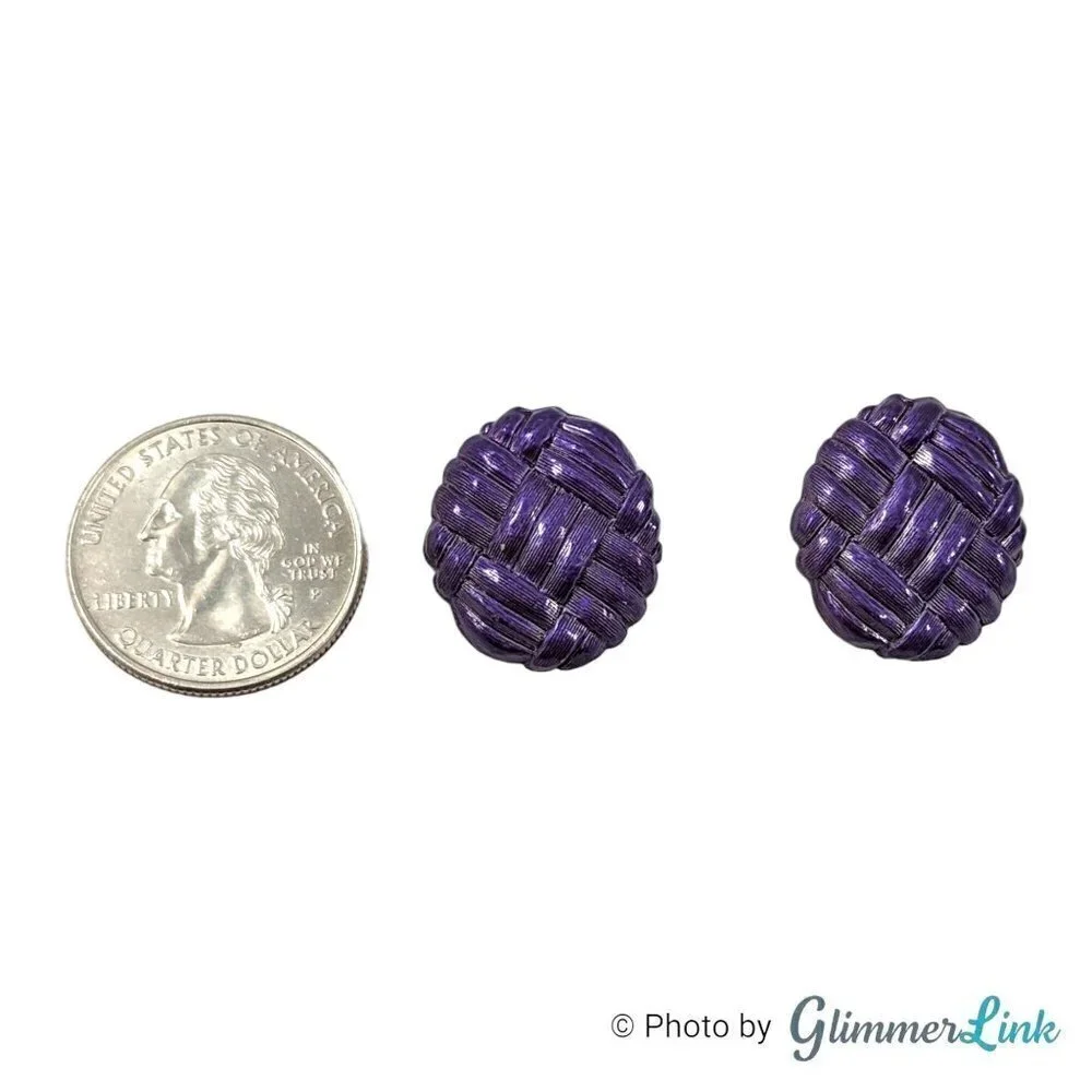 Vintage 80s Purple Enamel Round Woven Knot Metal Earrings